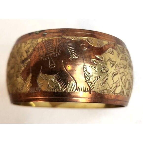 Jewelry - Handcrafted Vintage Brass & Copper Bangle  Elephant & Flower Bangle Bracelet Wid